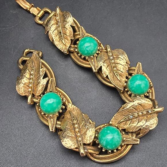 Vintage Peking Glass Leaf Bracelet Gold Tone Faux Seed Pearls Leaves - Picture 7 of 9